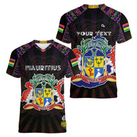 Personalized Mauritius Roots Women V-Neck T-Shirt African Map in Fingerprint and Tribal Colors