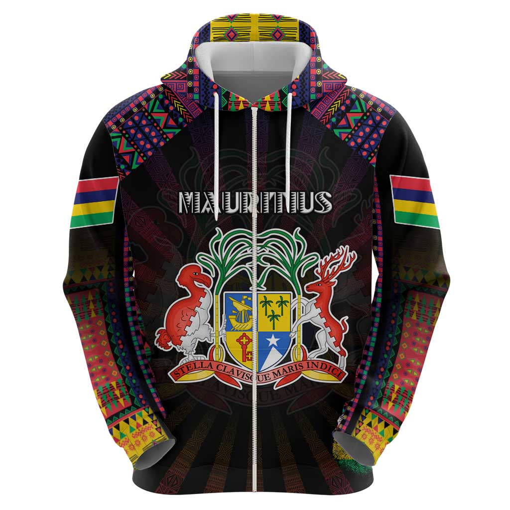 Personalized Mauritius Roots Zip Hoodie African Map in Fingerprint and Tribal Colors