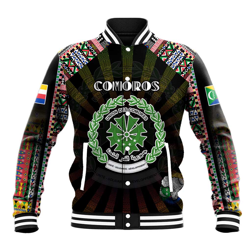 Personalized Comoros Roots Baseball Jacket African Map in Fingerprint and Tribal Colors