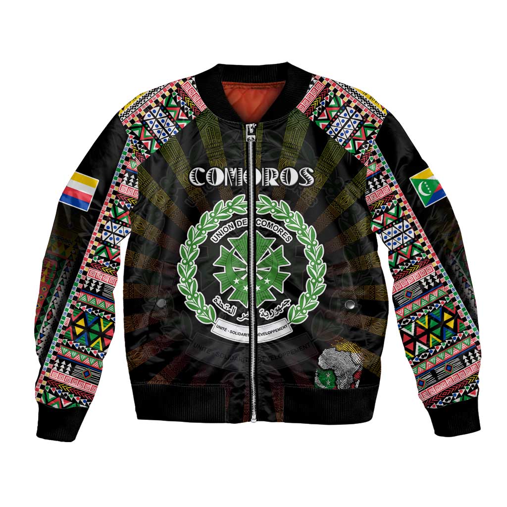 Personalized Comoros Roots Bomber Jacket African Map in Fingerprint and Tribal Colors