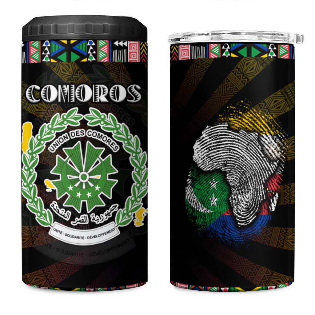 Comoros Roots 4 in 1 Can Cooler Tumbler African Map in Fingerprint and Tribal Colors