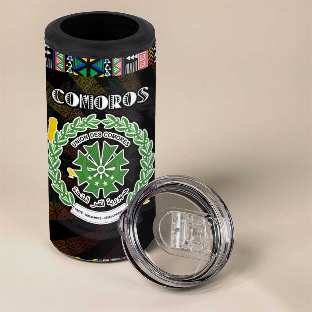 Comoros Roots 4 in 1 Can Cooler Tumbler African Map in Fingerprint and Tribal Colors