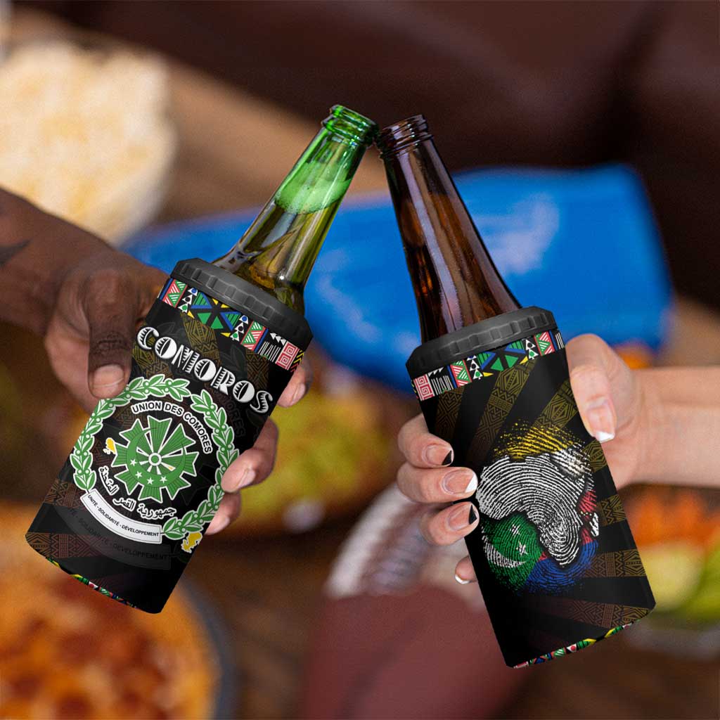 Comoros Roots 4 in 1 Can Cooler Tumbler African Map in Fingerprint and Tribal Colors