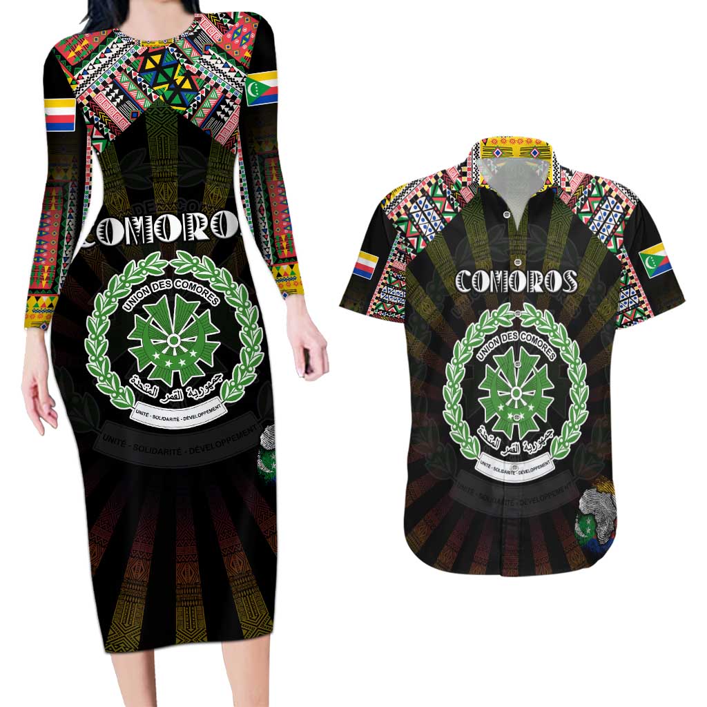 Personalized Comoros Roots Couples Matching Long Sleeve Bodycon Dress and Hawaiian Shirt African Map in Fingerprint and Tribal Colors
