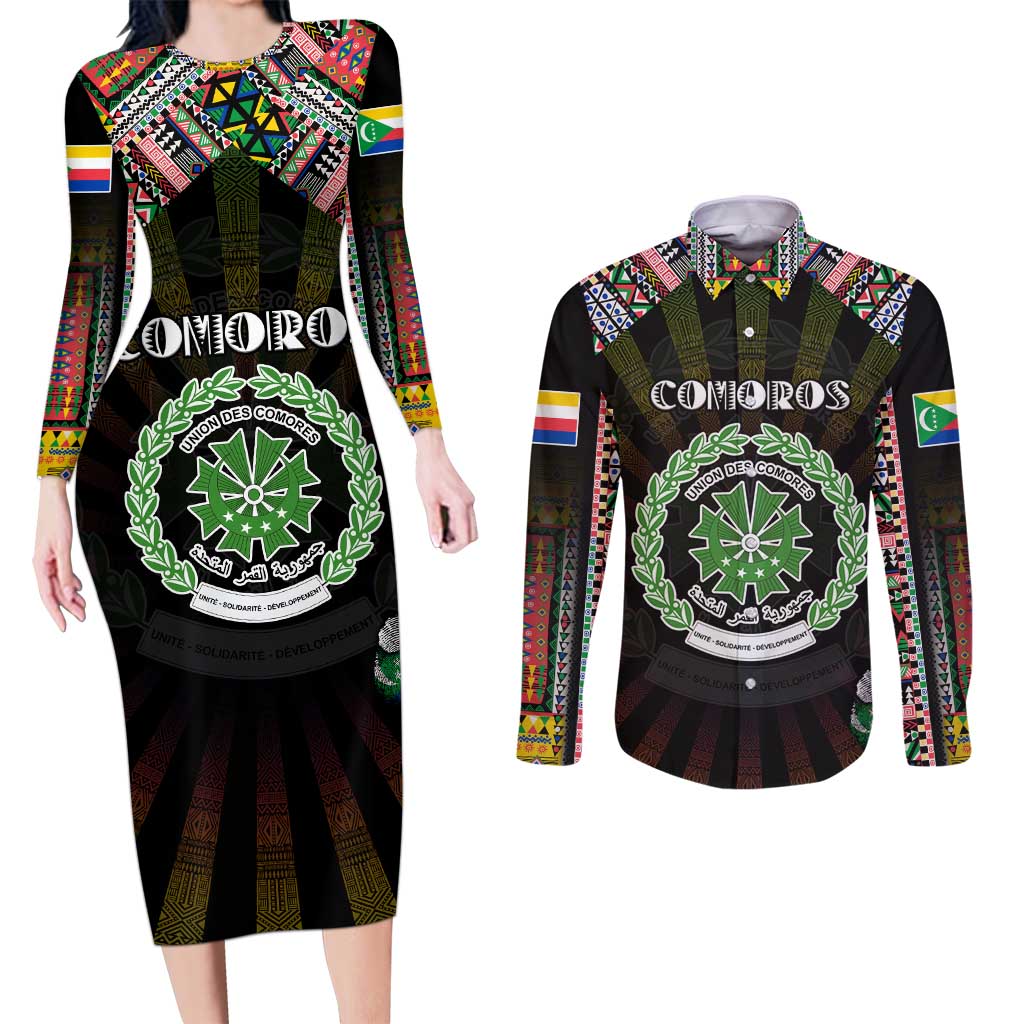 Personalized Comoros Roots Couples Matching Long Sleeve Bodycon Dress and Long Sleeve Button Shirt African Map in Fingerprint and Tribal Colors