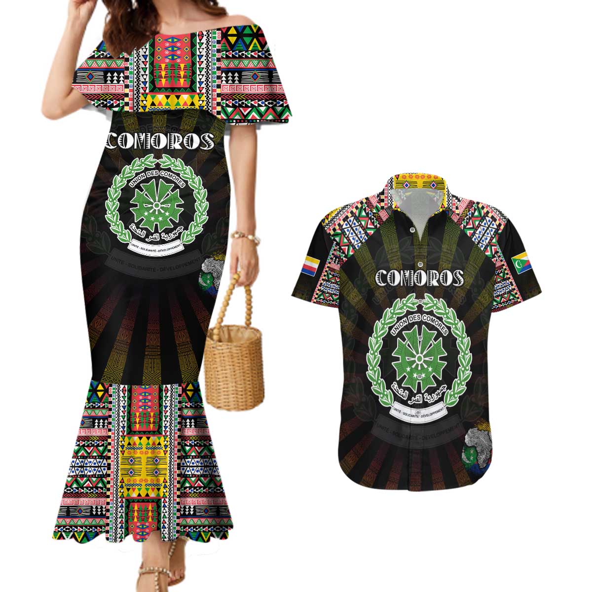 Personalized Comoros Roots Couples Matching Mermaid Dress and Hawaiian Shirt African Map in Fingerprint and Tribal Colors