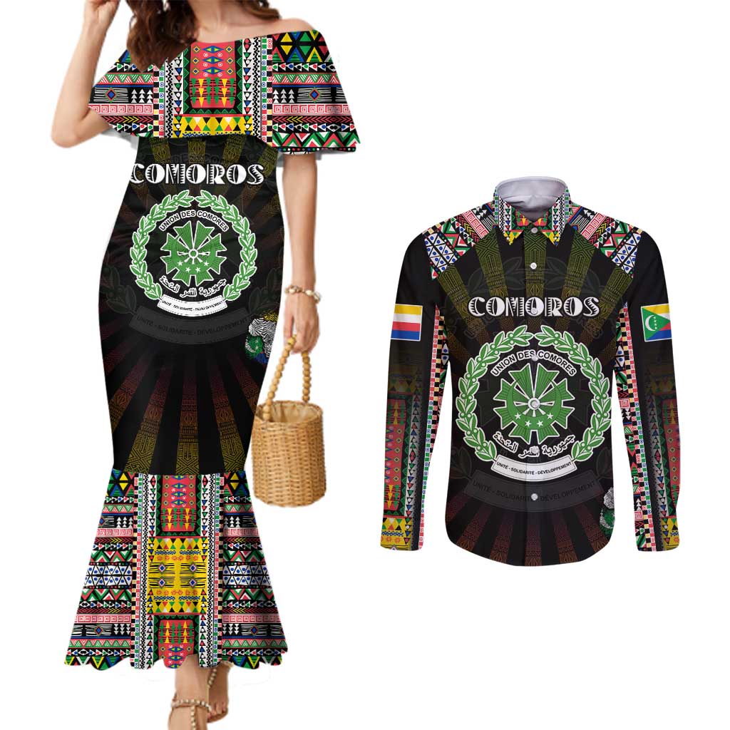 Personalized Comoros Roots Couples Matching Mermaid Dress and Long Sleeve Button Shirt African Map in Fingerprint and Tribal Colors