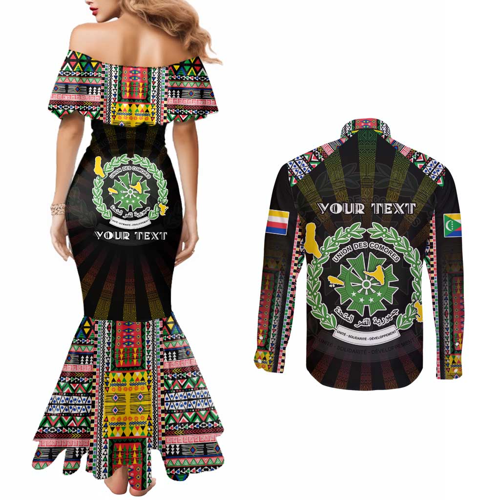 Personalized Comoros Roots Couples Matching Mermaid Dress and Long Sleeve Button Shirt African Map in Fingerprint and Tribal Colors