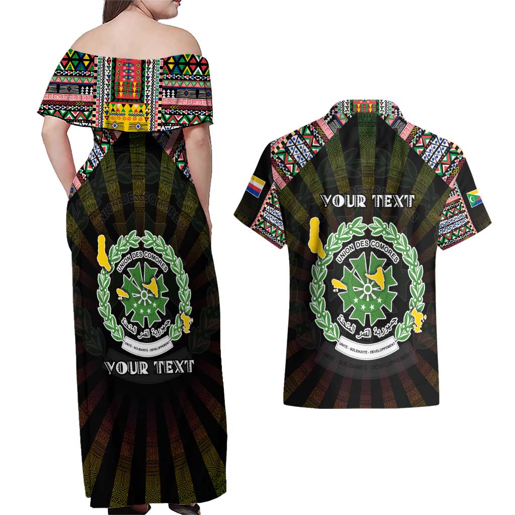 Personalized Comoros Roots Couples Matching Off Shoulder Maxi Dress and Hawaiian Shirt African Map in Fingerprint and Tribal Colors