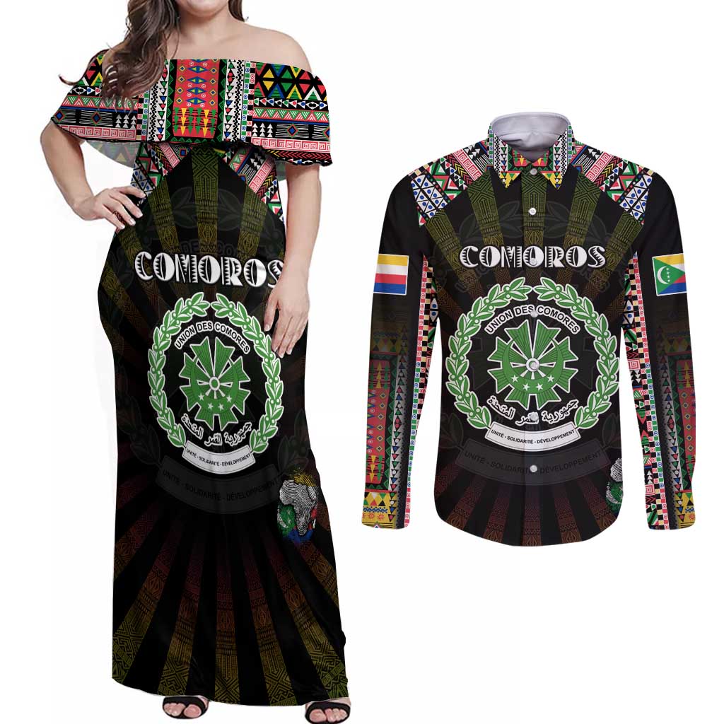 Personalized Comoros Roots Couples Matching Off Shoulder Maxi Dress and Long Sleeve Button Shirt African Map in Fingerprint and Tribal Colors