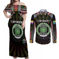 Personalized Comoros Roots Couples Matching Off Shoulder Maxi Dress and Long Sleeve Button Shirt African Map in Fingerprint and Tribal Colors