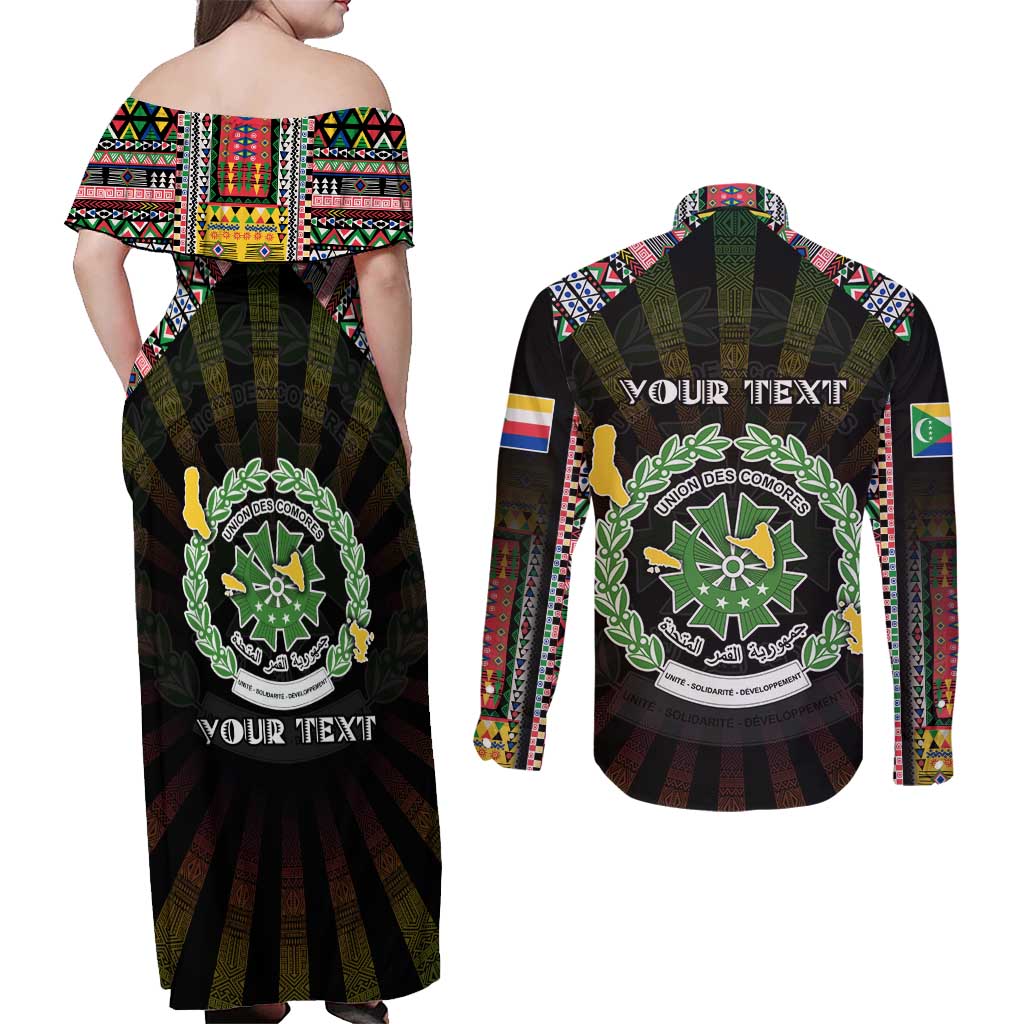 Personalized Comoros Roots Couples Matching Off Shoulder Maxi Dress and Long Sleeve Button Shirt African Map in Fingerprint and Tribal Colors