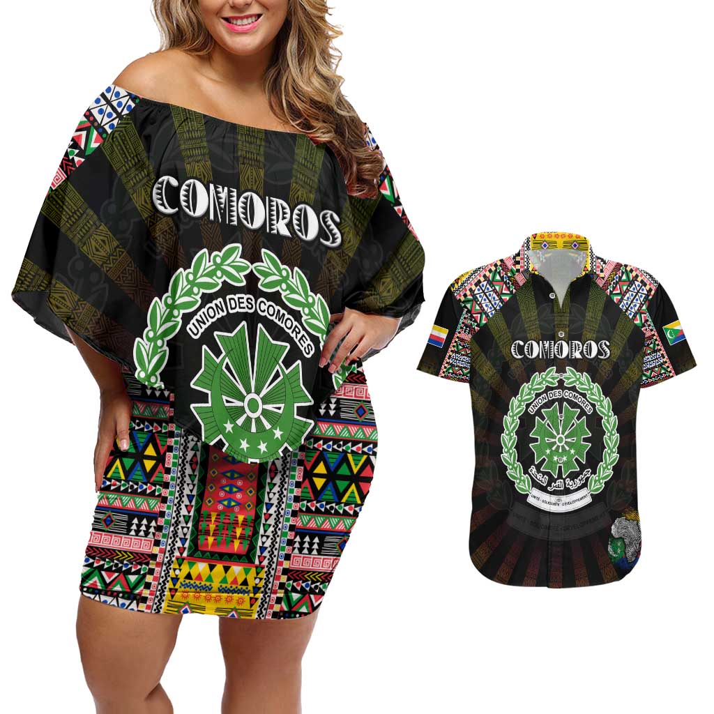 Personalized Comoros Roots Couples Matching Off Shoulder Short Dress and Hawaiian Shirt African Map in Fingerprint and Tribal Colors