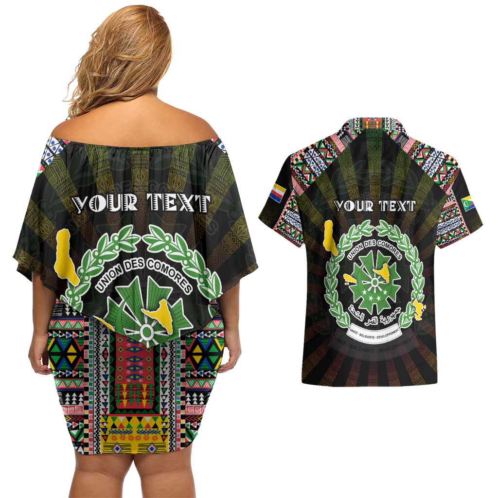 Personalized Comoros Roots Couples Matching Off Shoulder Short Dress and Hawaiian Shirt African Map in Fingerprint and Tribal Colors