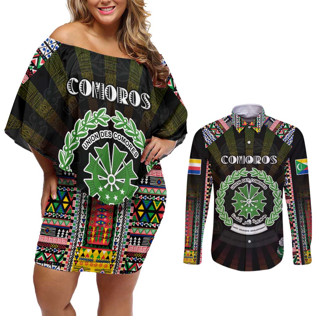 Personalized Comoros Roots Couples Matching Off Shoulder Short Dress and Long Sleeve Button Shirt African Map in Fingerprint and Tribal Colors