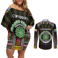 Personalized Comoros Roots Couples Matching Off Shoulder Short Dress and Long Sleeve Button Shirt African Map in Fingerprint and Tribal Colors