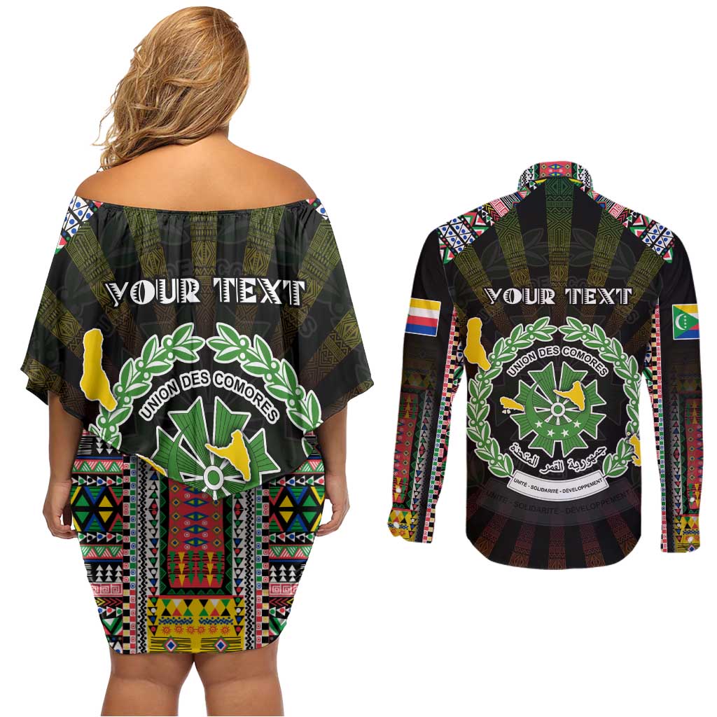 Personalized Comoros Roots Couples Matching Off Shoulder Short Dress and Long Sleeve Button Shirt African Map in Fingerprint and Tribal Colors