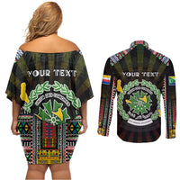Personalized Comoros Roots Couples Matching Off Shoulder Short Dress and Long Sleeve Button Shirt African Map in Fingerprint and Tribal Colors