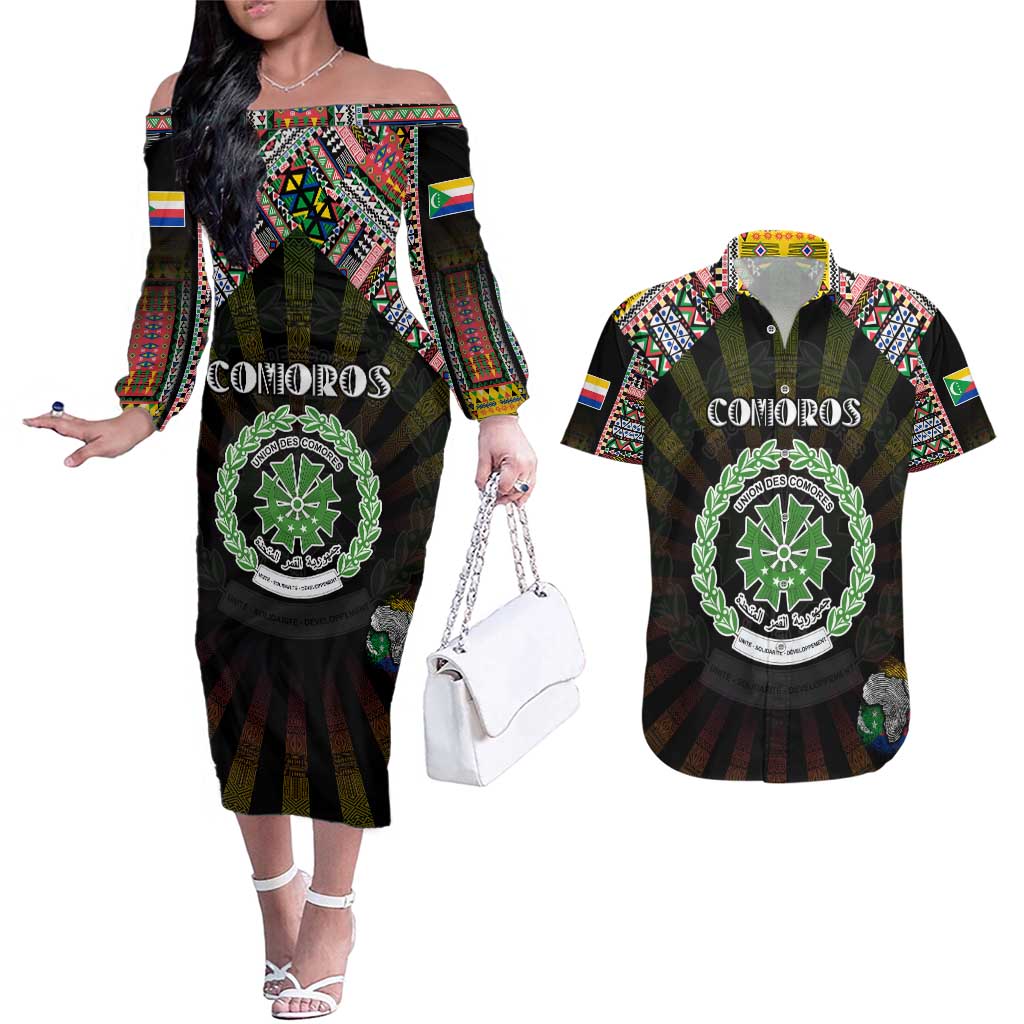 Personalized Comoros Roots Couples Matching Off The Shoulder Long Sleeve Dress and Hawaiian Shirt African Map in Fingerprint and Tribal Colors