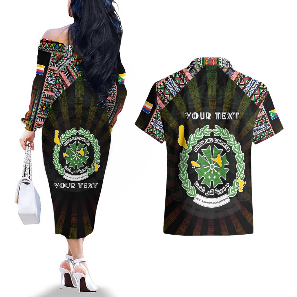 Personalized Comoros Roots Couples Matching Off The Shoulder Long Sleeve Dress and Hawaiian Shirt African Map in Fingerprint and Tribal Colors