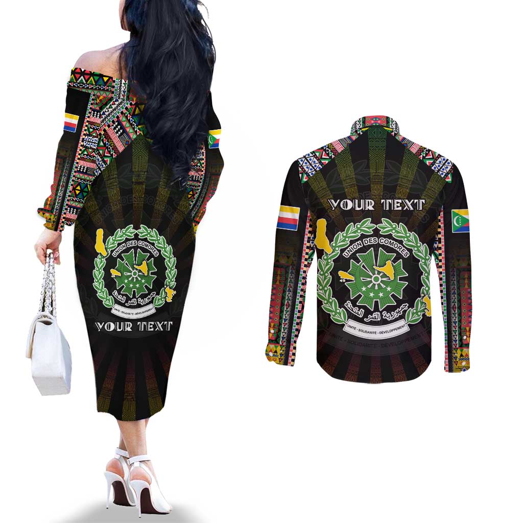 Personalized Comoros Roots Couples Matching Off The Shoulder Long Sleeve Dress and Long Sleeve Button Shirt African Map in Fingerprint and Tribal Colors