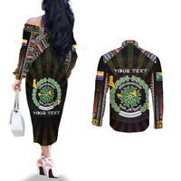 Personalized Comoros Roots Couples Matching Off The Shoulder Long Sleeve Dress and Long Sleeve Button Shirt African Map in Fingerprint and Tribal Colors