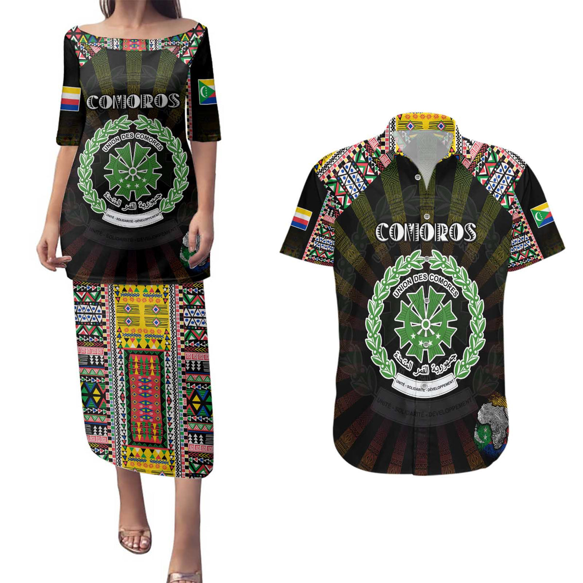 Personalized Comoros Roots Couples Matching Puletasi and Hawaiian Shirt African Map in Fingerprint and Tribal Colors