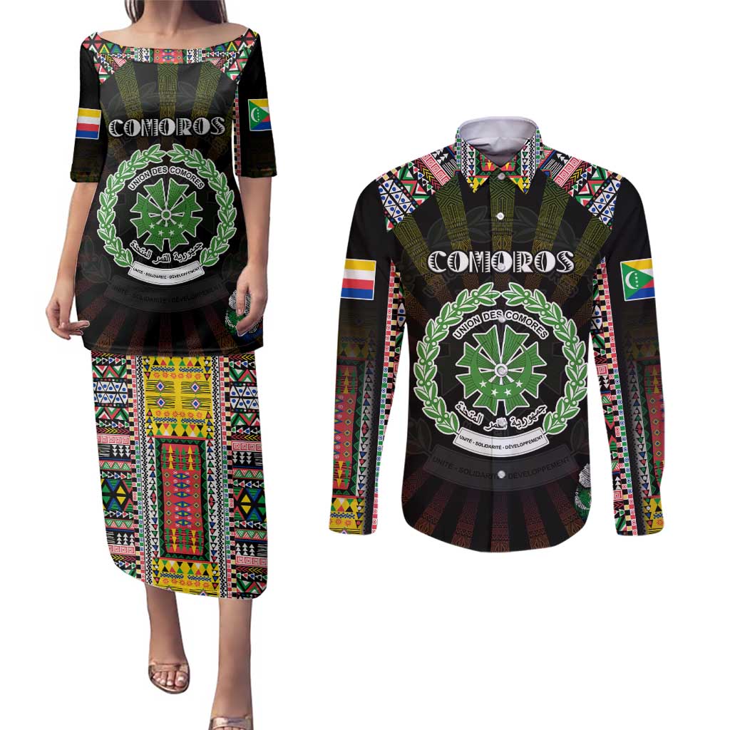 Personalized Comoros Roots Couples Matching Puletasi and Long Sleeve Button Shirt African Map in Fingerprint and Tribal Colors
