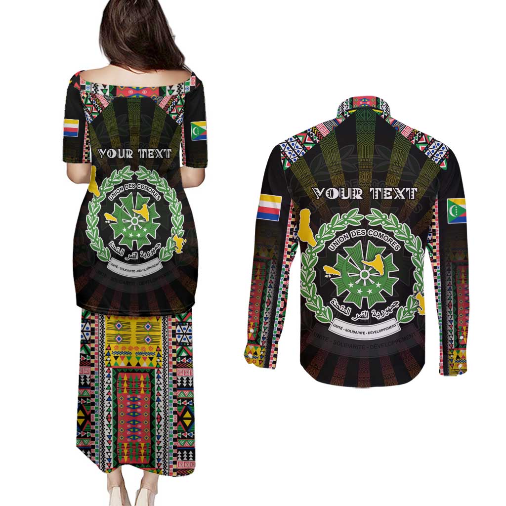 Personalized Comoros Roots Couples Matching Puletasi and Long Sleeve Button Shirt African Map in Fingerprint and Tribal Colors