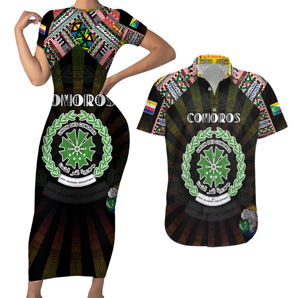 Personalized Comoros Roots Couples Matching Short Sleeve Bodycon Dress and Hawaiian Shirt African Map in Fingerprint and Tribal Colors