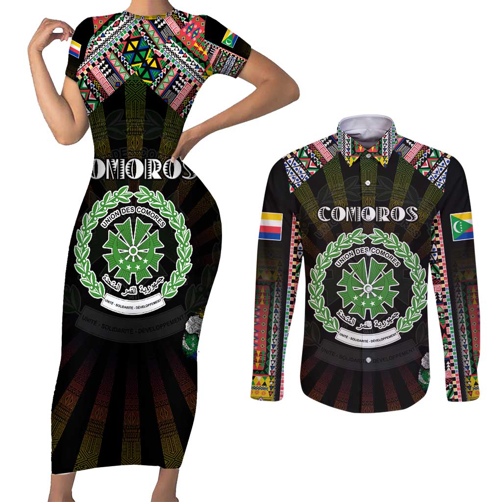 Personalized Comoros Roots Couples Matching Short Sleeve Bodycon Dress and Long Sleeve Button Shirt African Map in Fingerprint and Tribal Colors