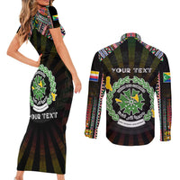 Personalized Comoros Roots Couples Matching Short Sleeve Bodycon Dress and Long Sleeve Button Shirt African Map in Fingerprint and Tribal Colors