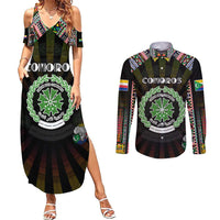 Personalized Comoros Roots Couples Matching Summer Maxi Dress and Long Sleeve Button Shirt African Map in Fingerprint and Tribal Colors
