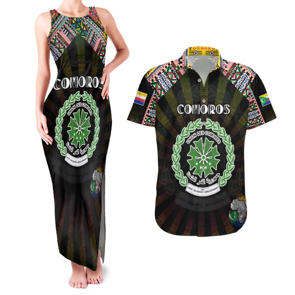 Personalized Comoros Roots Couples Matching Tank Maxi Dress and Hawaiian Shirt African Map in Fingerprint and Tribal Colors