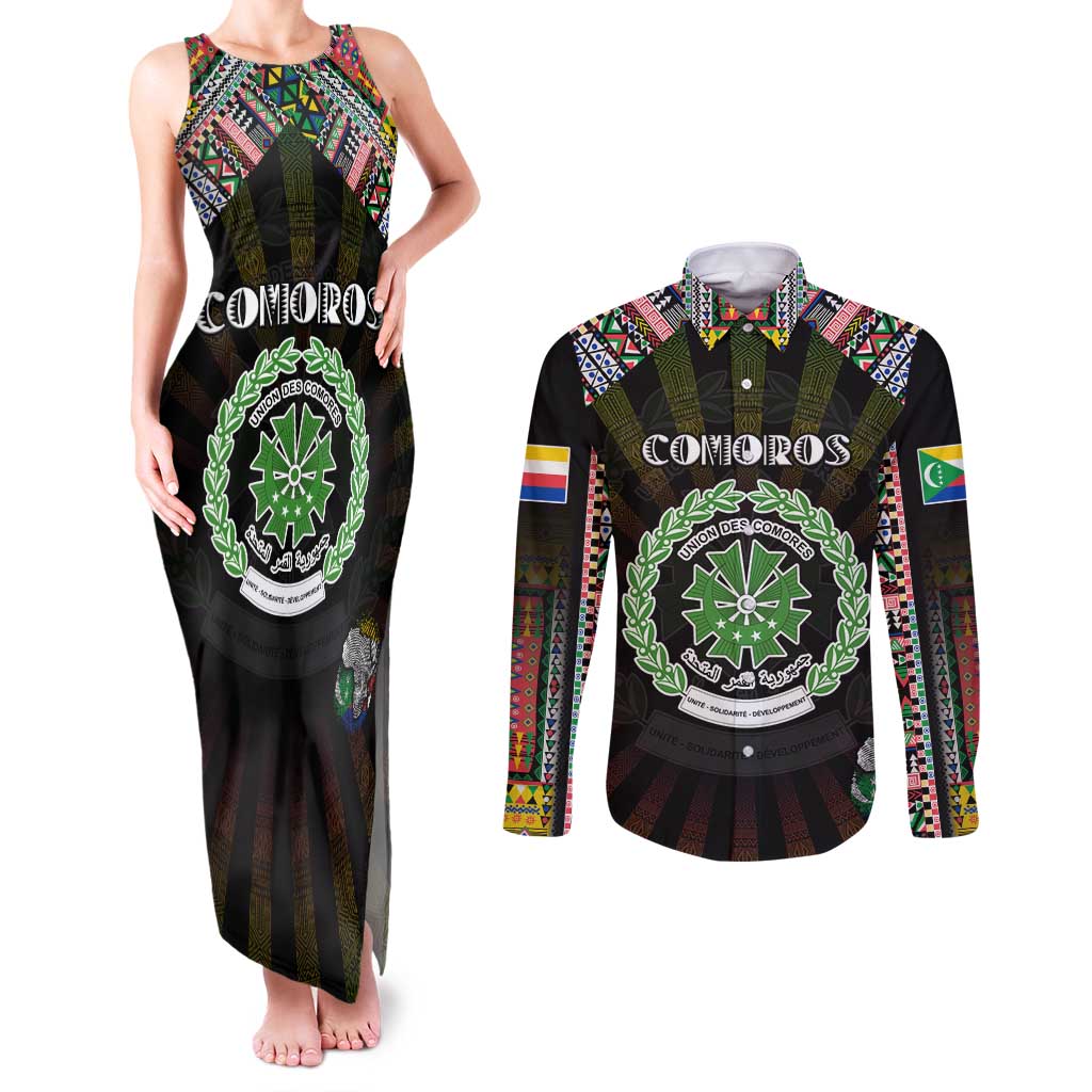 Personalized Comoros Roots Couples Matching Tank Maxi Dress and Long Sleeve Button Shirt African Map in Fingerprint and Tribal Colors