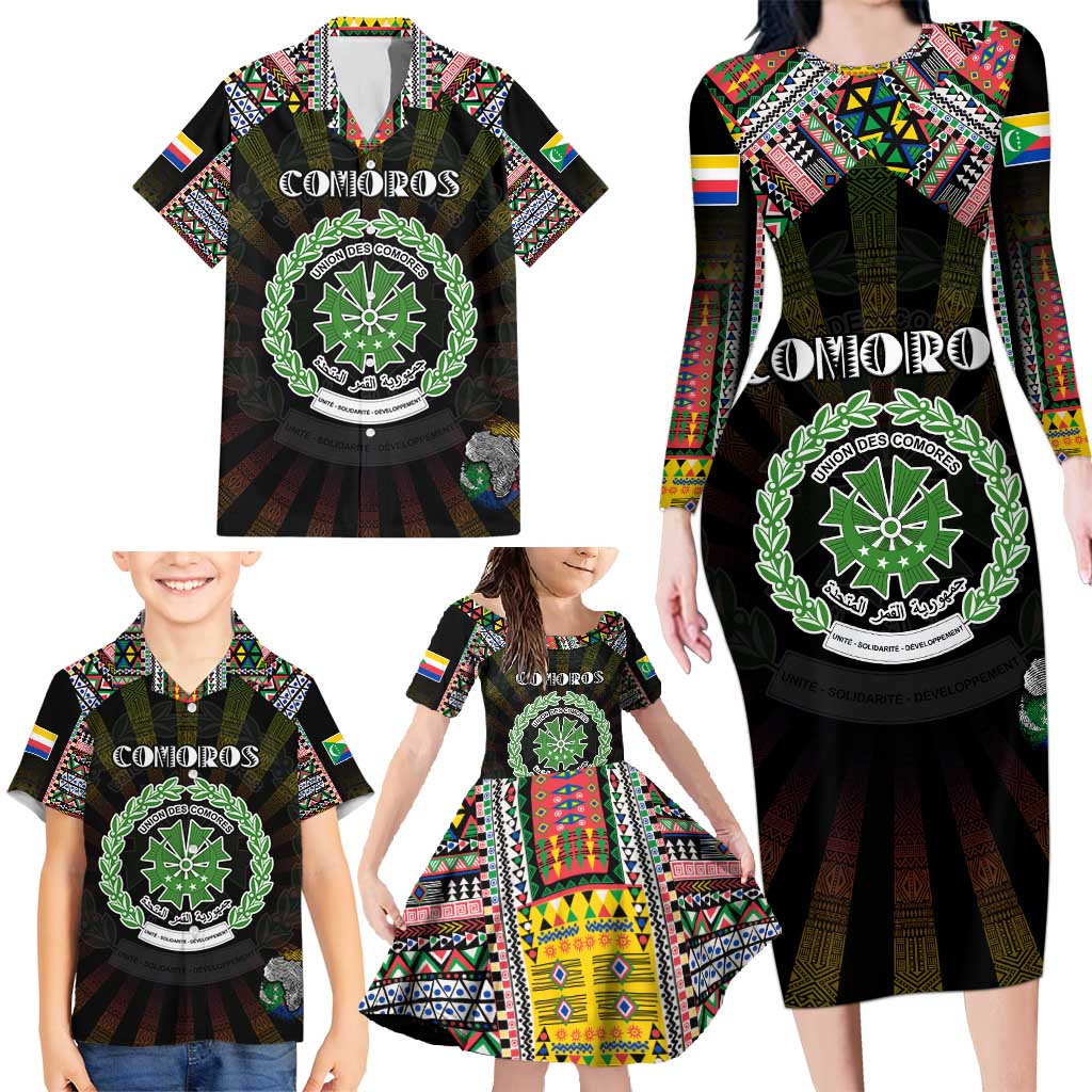 Personalized Comoros Roots Family Matching Long Sleeve Bodycon Dress and Hawaiian Shirt African Map in Fingerprint and Tribal Colors