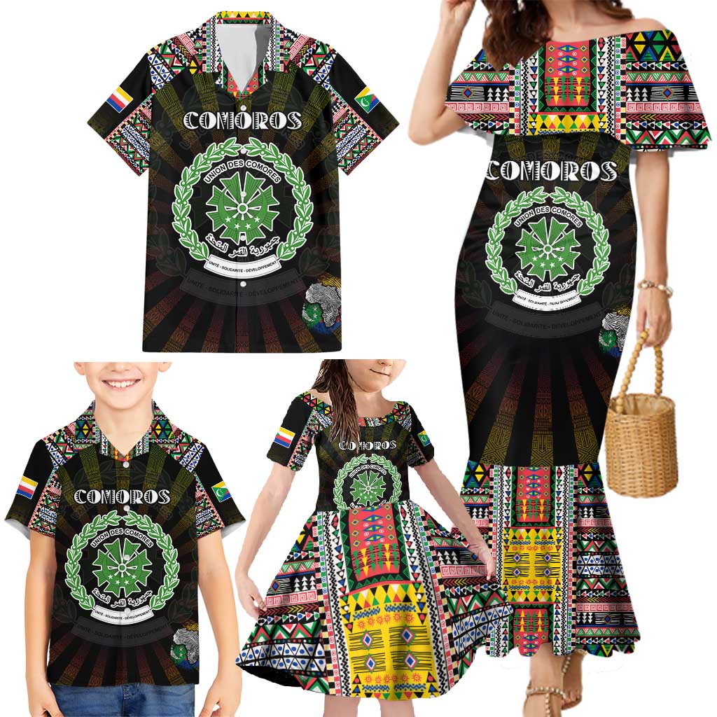 Personalized Comoros Roots Family Matching Mermaid Dress and Hawaiian Shirt African Map in Fingerprint and Tribal Colors