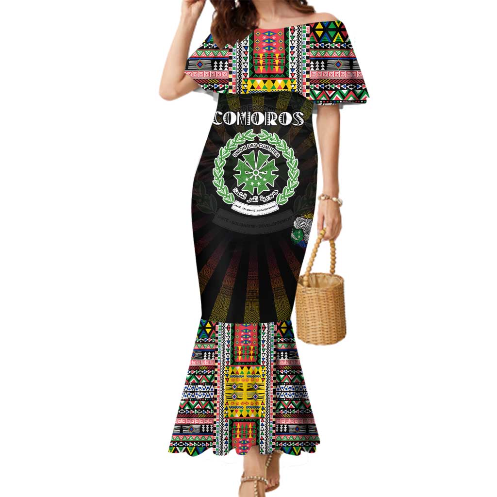 Personalized Comoros Roots Family Matching Mermaid Dress and Hawaiian Shirt African Map in Fingerprint and Tribal Colors