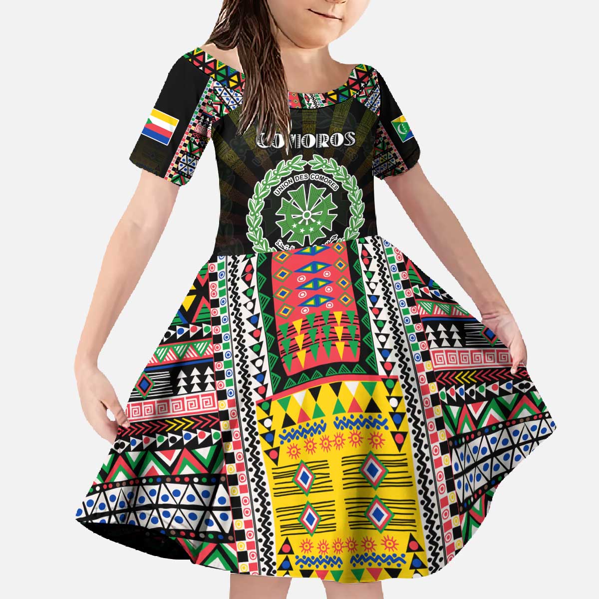 Personalized Comoros Roots Family Matching Off The Shoulder Long Sleeve Dress and Hawaiian Shirt African Map in Fingerprint and Tribal Colors