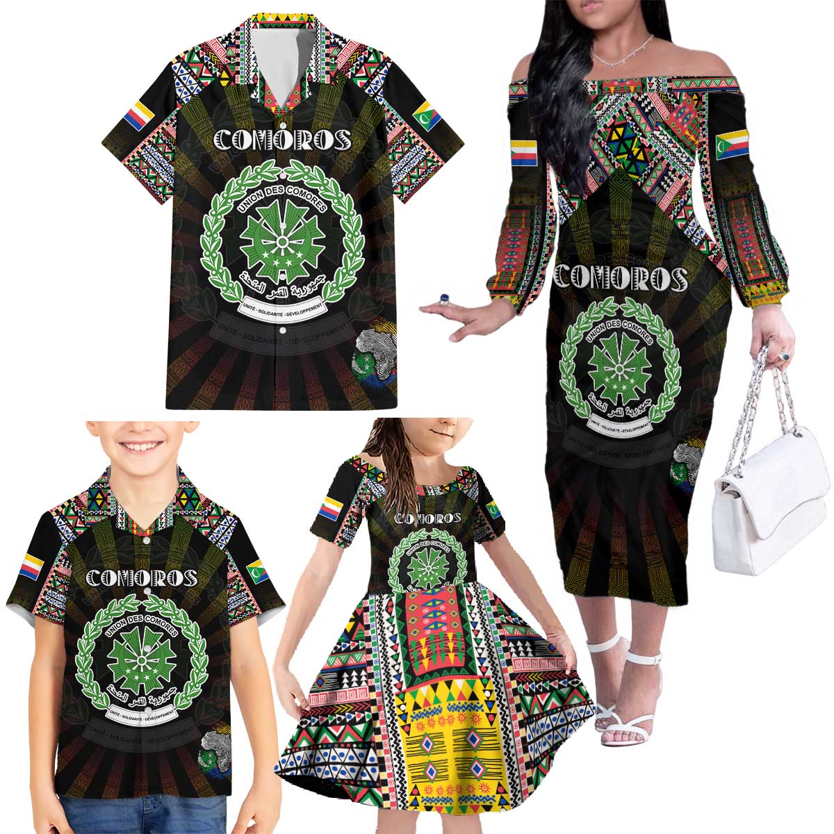 Personalized Comoros Roots Family Matching Off The Shoulder Long Sleeve Dress and Hawaiian Shirt African Map in Fingerprint and Tribal Colors