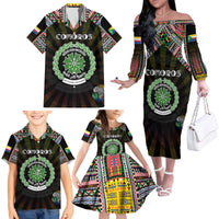 Personalized Comoros Roots Family Matching Off The Shoulder Long Sleeve Dress and Hawaiian Shirt African Map in Fingerprint and Tribal Colors