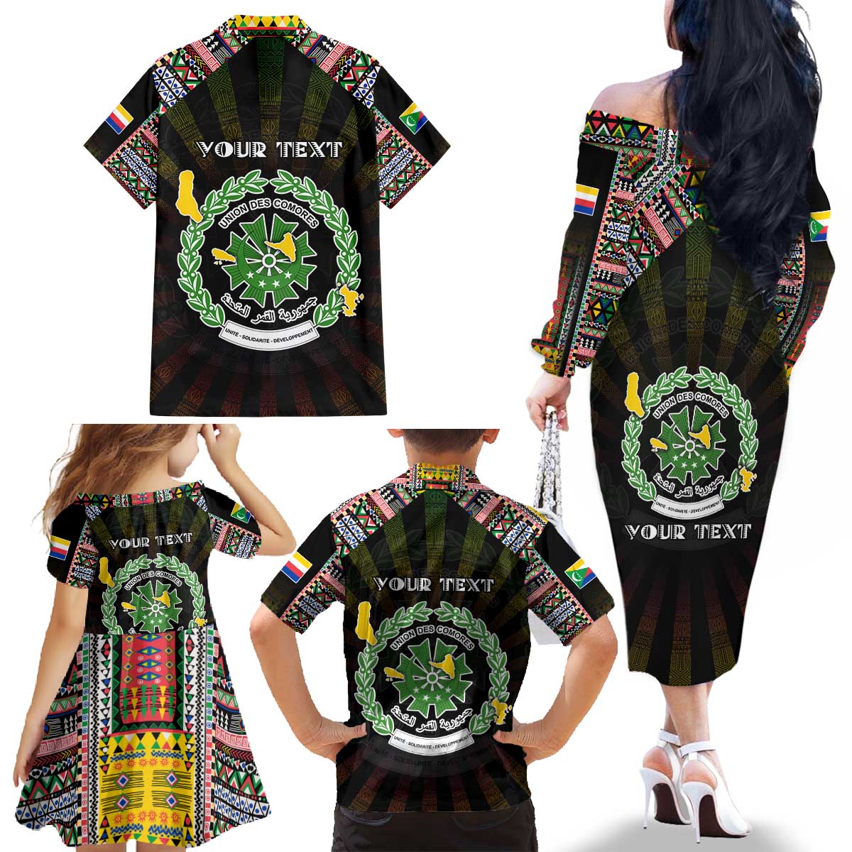 Personalized Comoros Roots Family Matching Off The Shoulder Long Sleeve Dress and Hawaiian Shirt African Map in Fingerprint and Tribal Colors