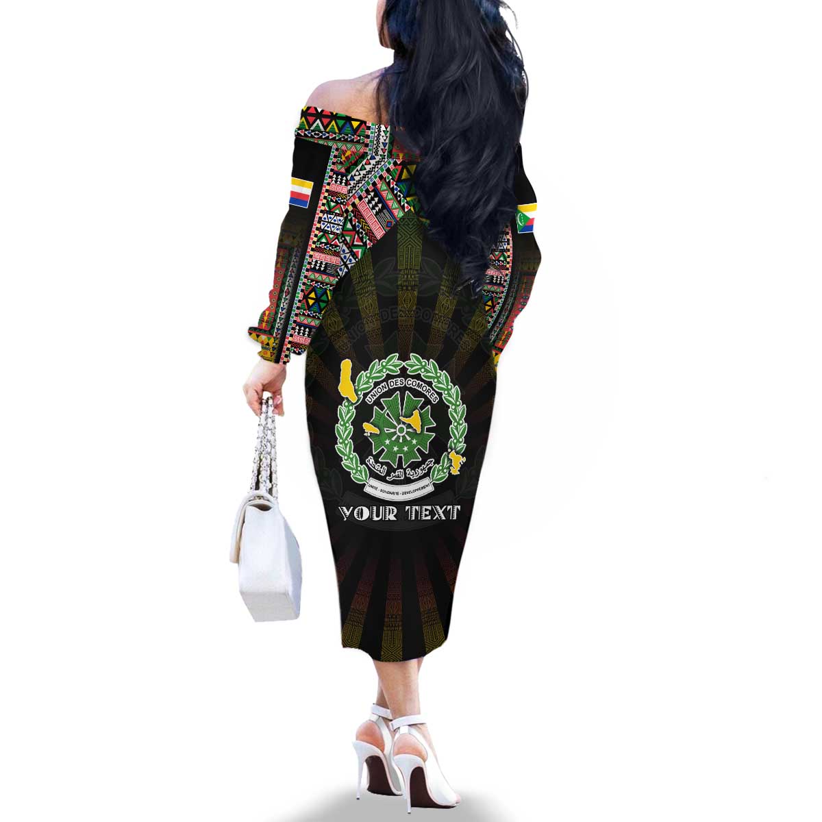 Personalized Comoros Roots Family Matching Off The Shoulder Long Sleeve Dress and Hawaiian Shirt African Map in Fingerprint and Tribal Colors