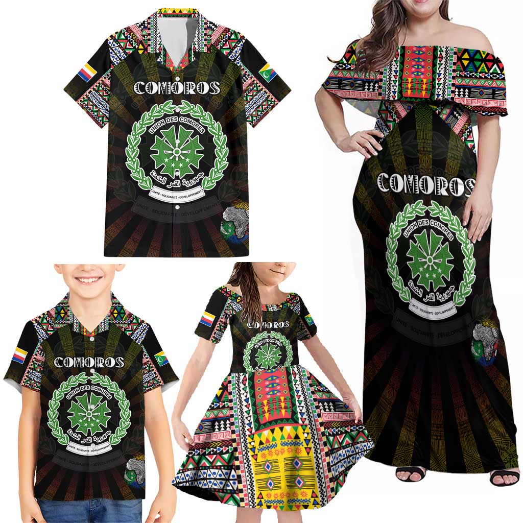 Personalized Comoros Roots Family Matching Off Shoulder Maxi Dress and Hawaiian Shirt African Map in Fingerprint and Tribal Colors