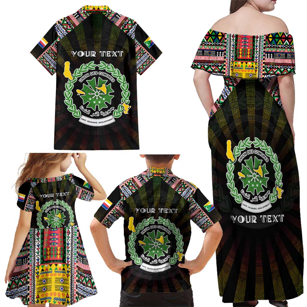 Personalized Comoros Roots Family Matching Off Shoulder Maxi Dress and Hawaiian Shirt African Map in Fingerprint and Tribal Colors