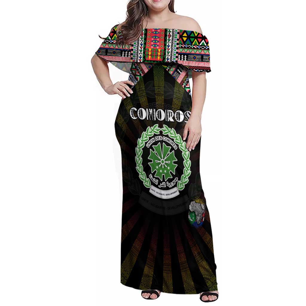 Personalized Comoros Roots Family Matching Off Shoulder Maxi Dress and Hawaiian Shirt African Map in Fingerprint and Tribal Colors