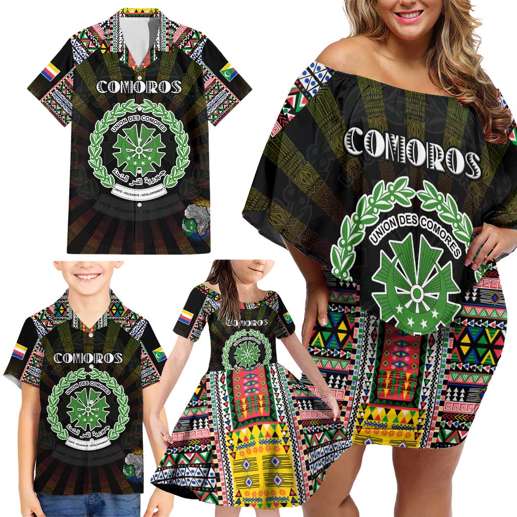Personalized Comoros Roots Family Matching Off Shoulder Short Dress and Hawaiian Shirt African Map in Fingerprint and Tribal Colors