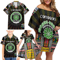 Personalized Comoros Roots Family Matching Off Shoulder Short Dress and Hawaiian Shirt African Map in Fingerprint and Tribal Colors