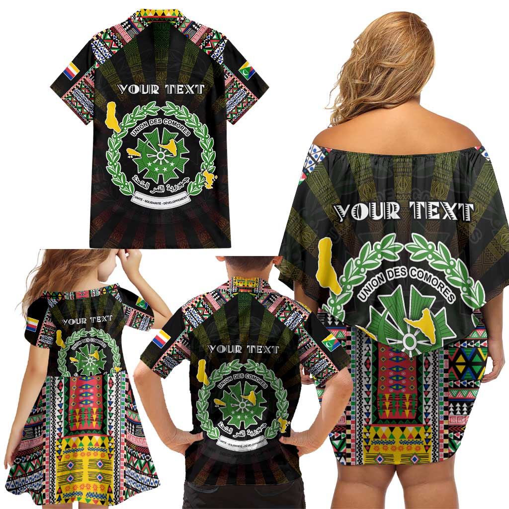 Personalized Comoros Roots Family Matching Off Shoulder Short Dress and Hawaiian Shirt African Map in Fingerprint and Tribal Colors