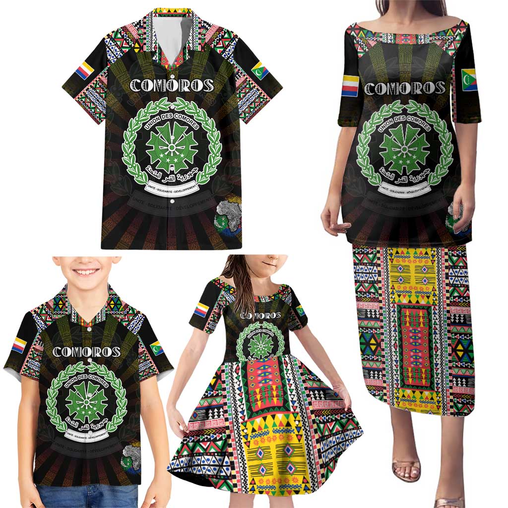 Personalized Comoros Roots Family Matching Puletasi and Hawaiian Shirt African Map in Fingerprint and Tribal Colors